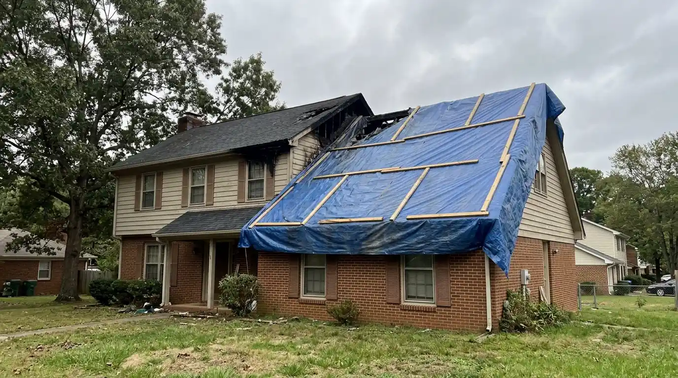 Tarp held down with battens over a burned roof section on a Charlotte house