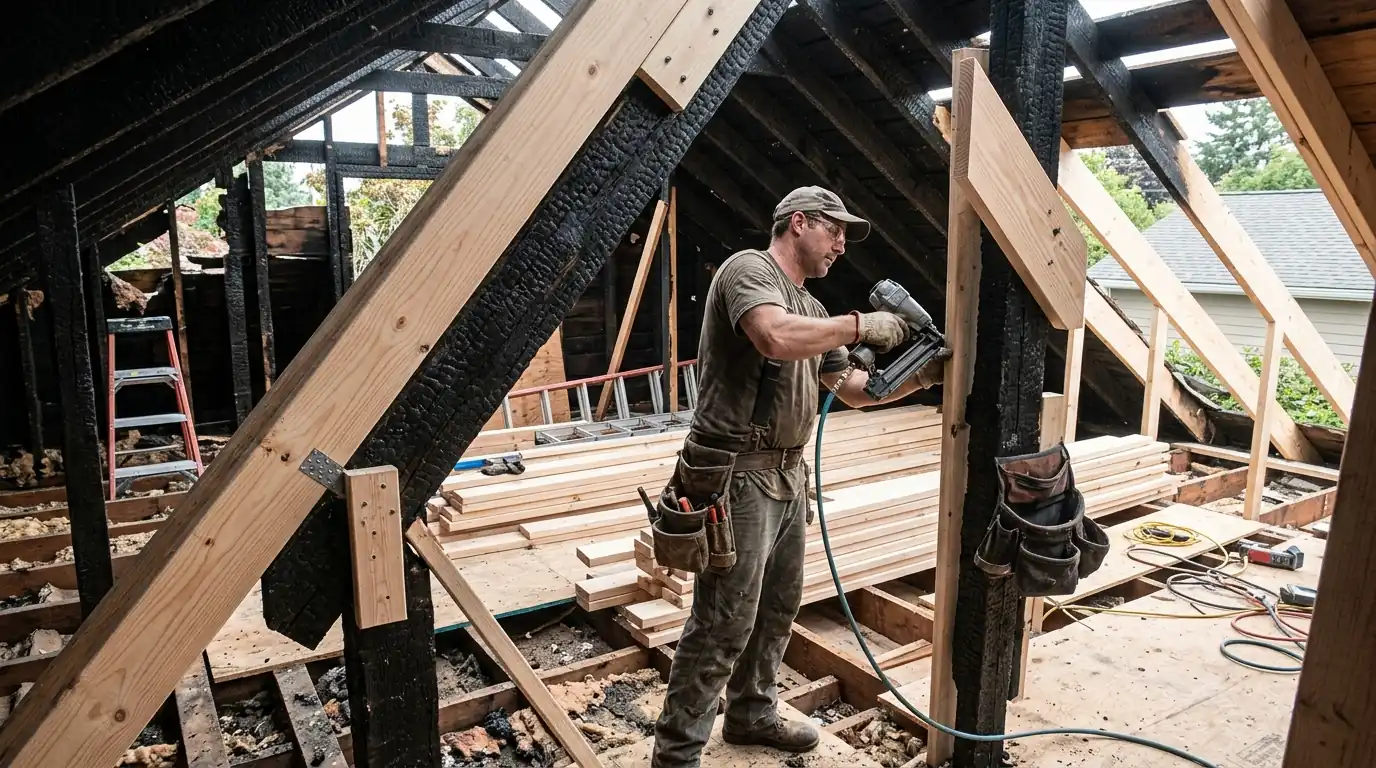 Charred rafters being replaced during fire reconstruction in a Charlotte attic