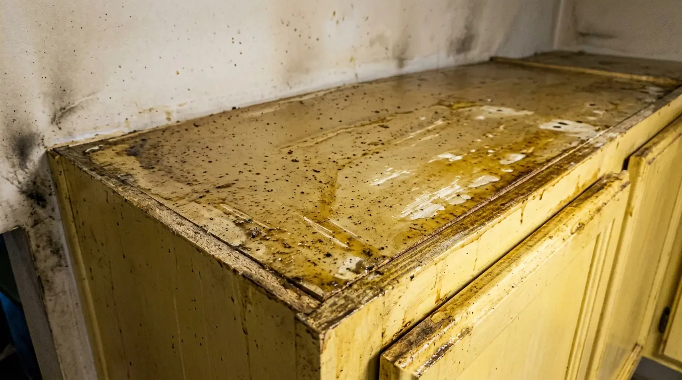 Greasy protein film on kitchen cabinet tops after a stovetop fire in a Charlotte home