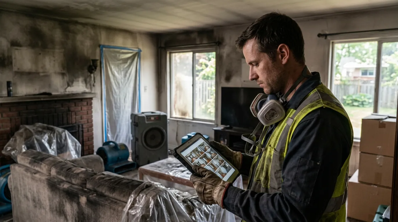 Homeowner and technician reviewing a photo inventory in a smoke-damaged Charlotte living room
