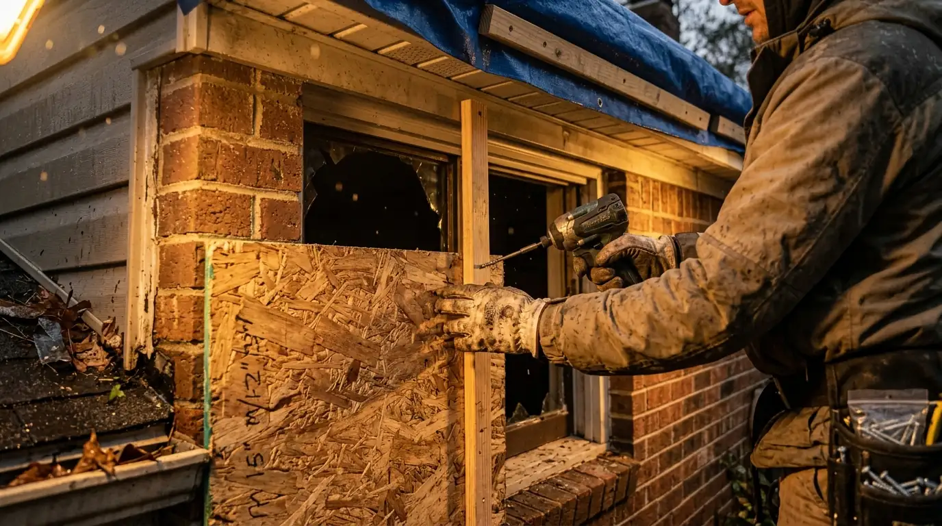 Window and Door Board-Up on a Charlotte emergency board-up & roof tarping job