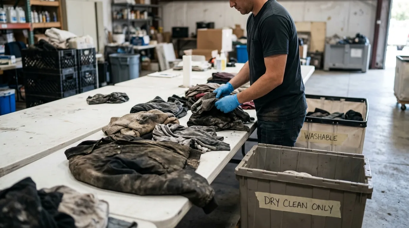 Smoke-damaged clothes sorted by fabric type on a workbench