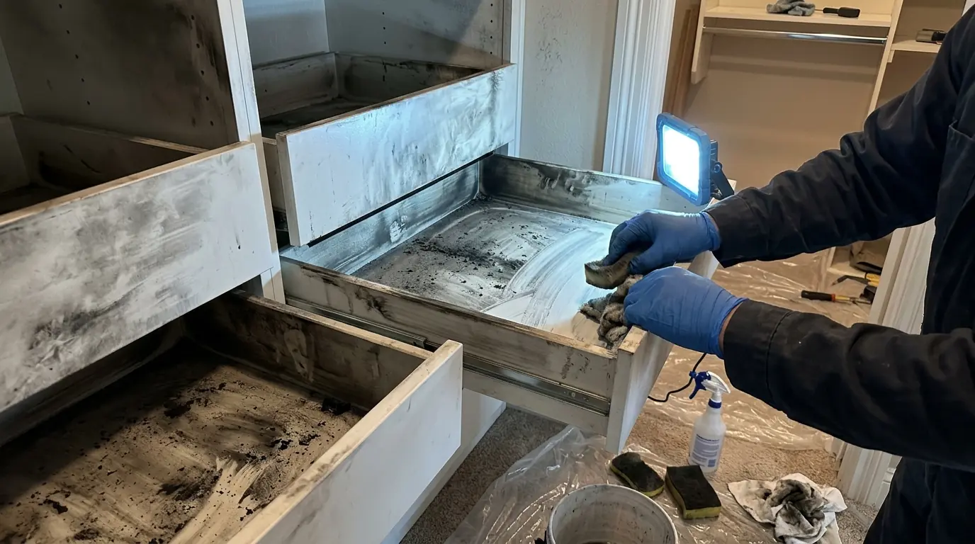 Cabinet, Closet and Drawer Interiors on a Charlotte smoke damage cleanup job