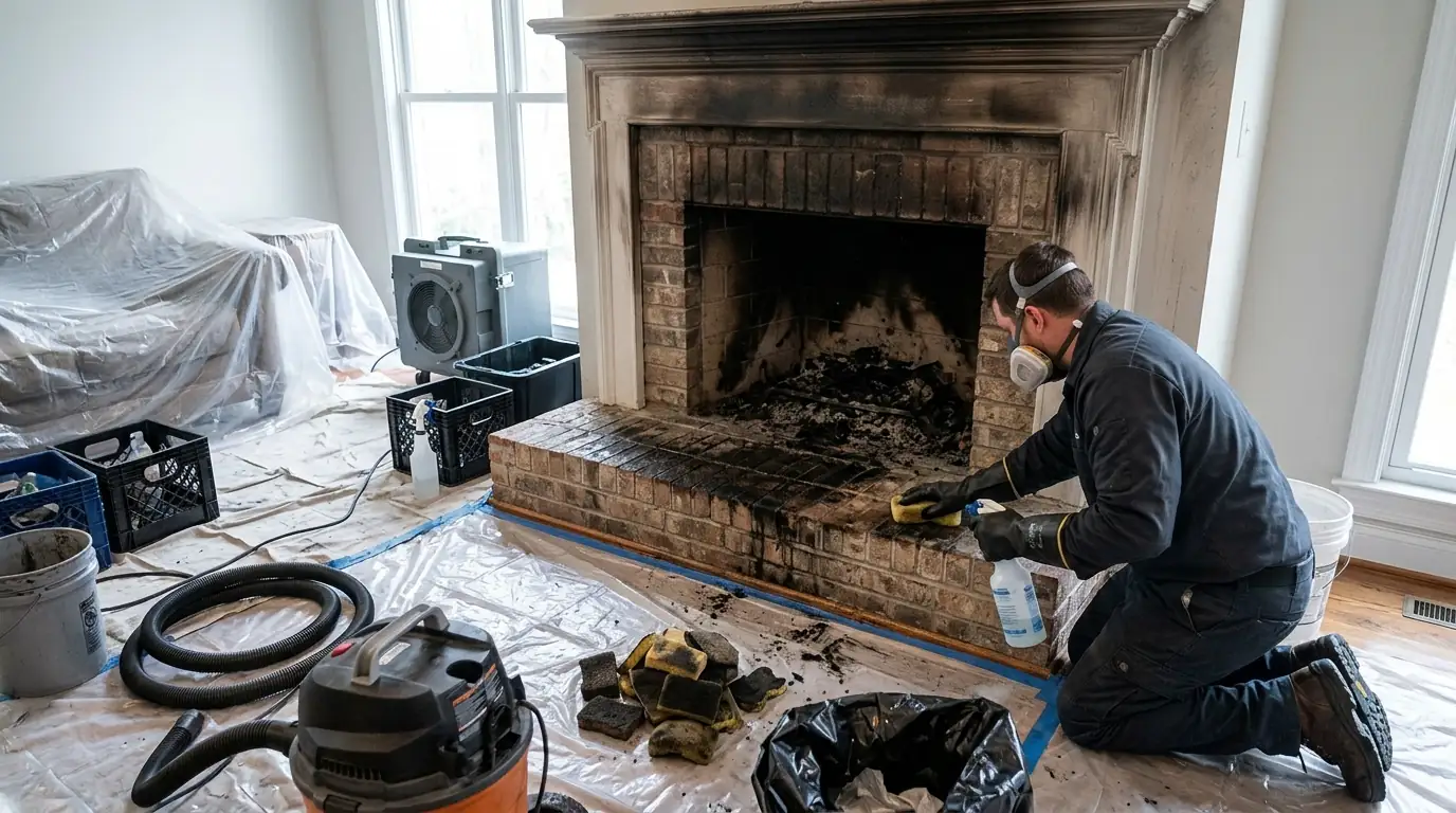 Chimney Fire Aftermath on a Charlotte chimney & fireplace smoke cleanup job