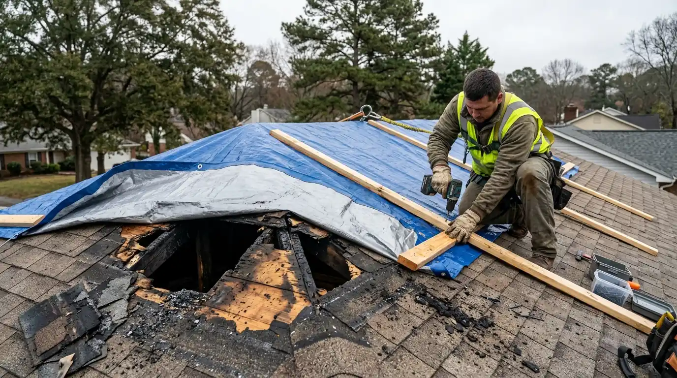 Roof Tarping Over Burn-Through on a Charlotte emergency board-up & roof tarping job