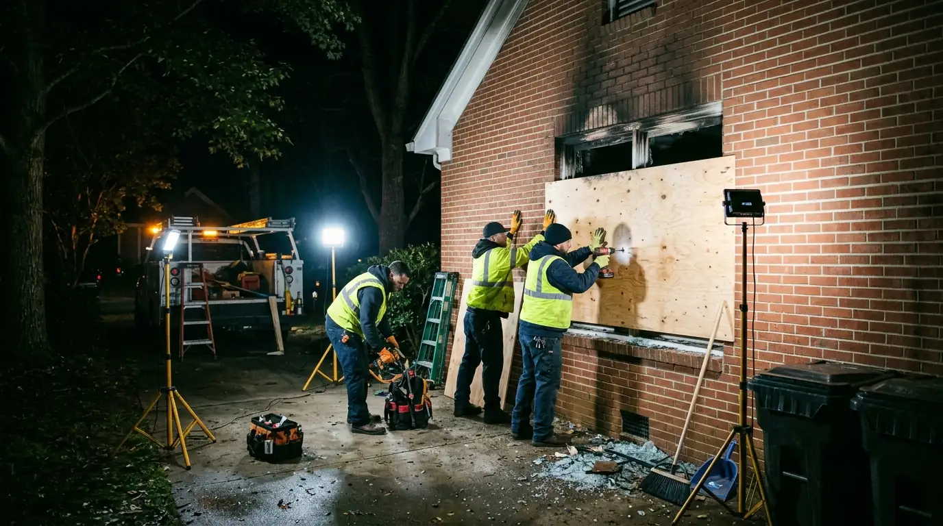 Plywood being fastened over a fire-broken window on a Charlotte brick house at night