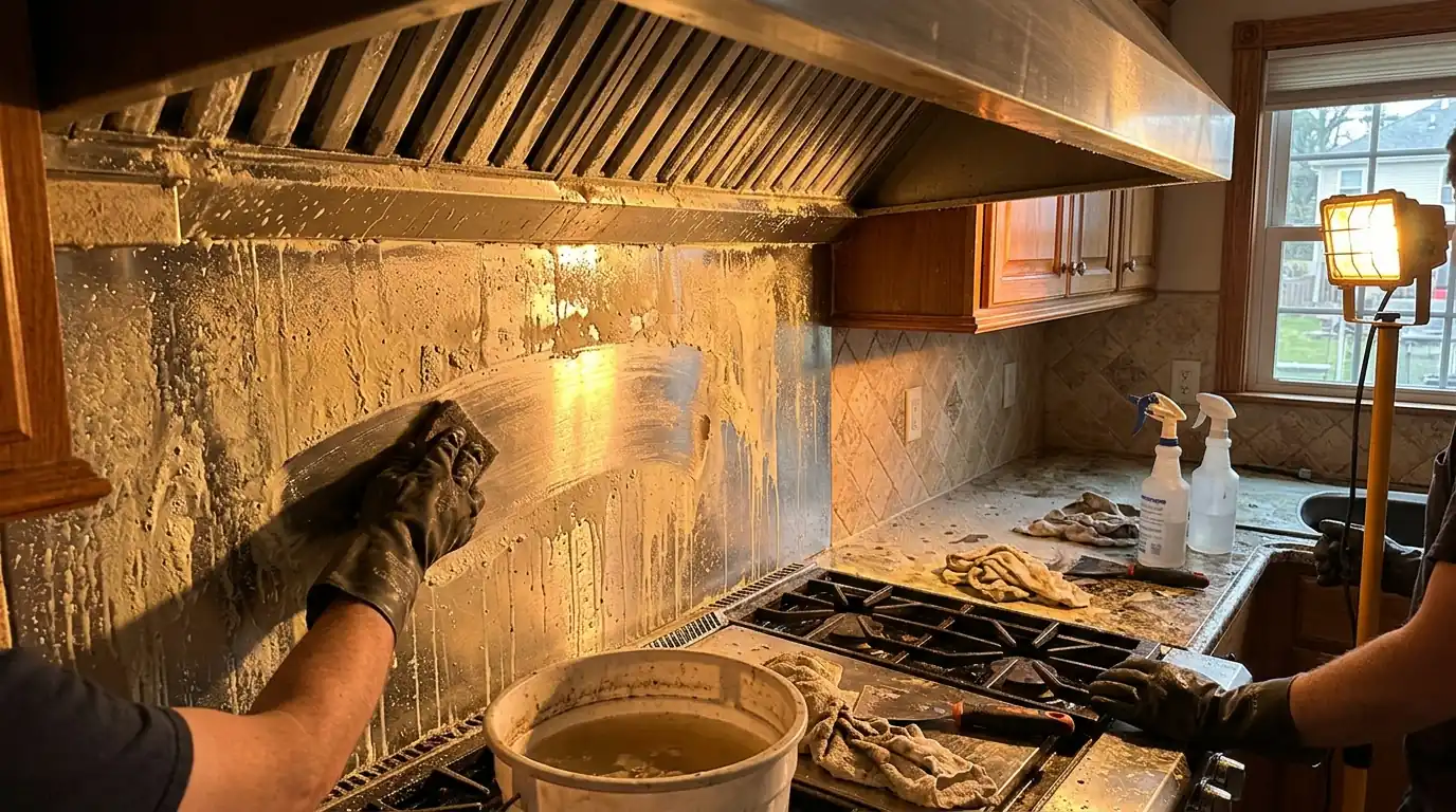 Hood and Suppression System Residue on a Charlotte restaurant & commercial kitchen fire cleanup job