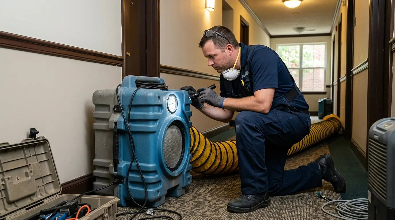 Technician cleaning soot from a Charlotte living room ceiling