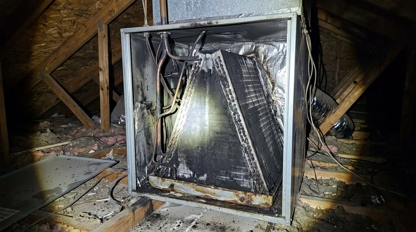 Sooty evaporator coil in an open air handler in a Charlotte attic