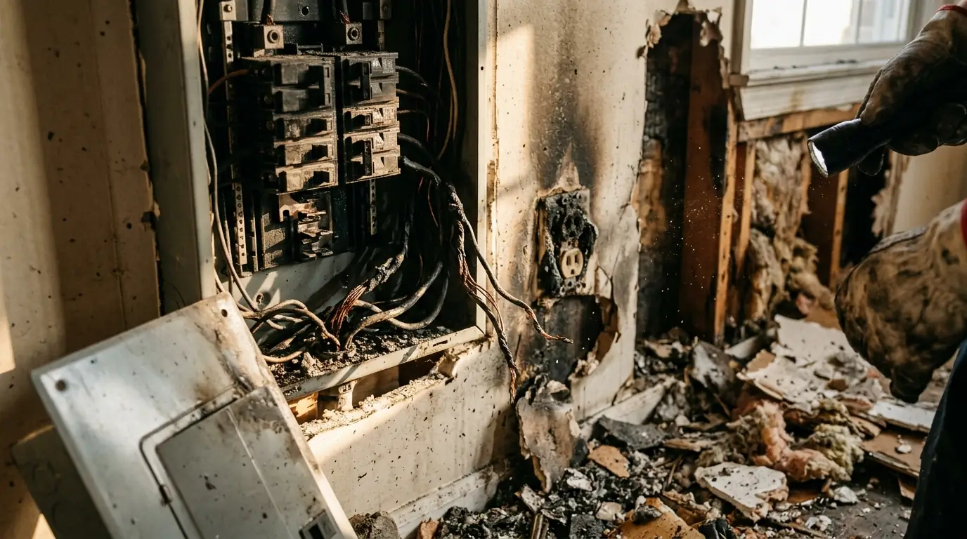 Outlet, Panel and Wiring Fires on a Charlotte electrical fire cleanup job