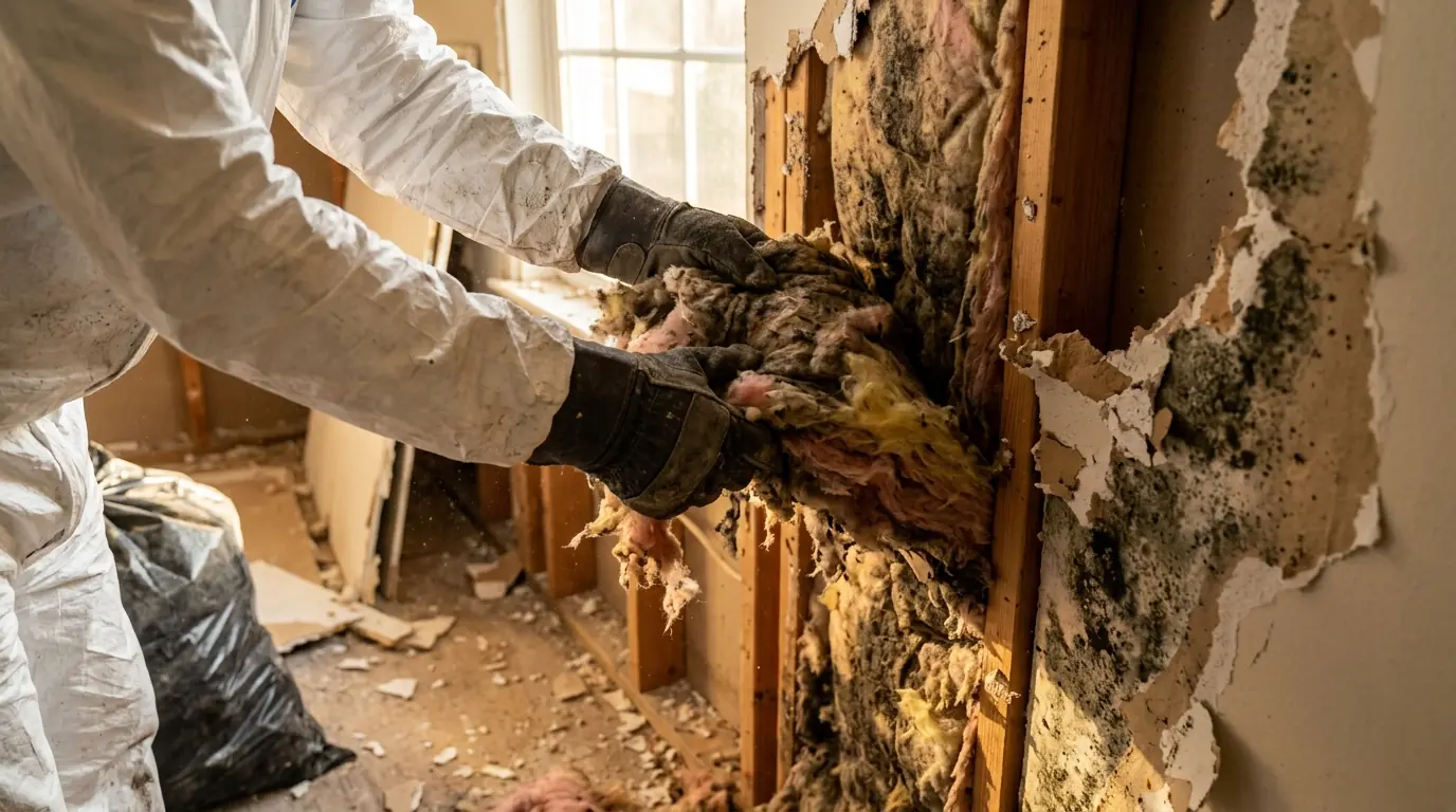 Removing Affected Drywall and Insulation on a Charlotte mold remediation job