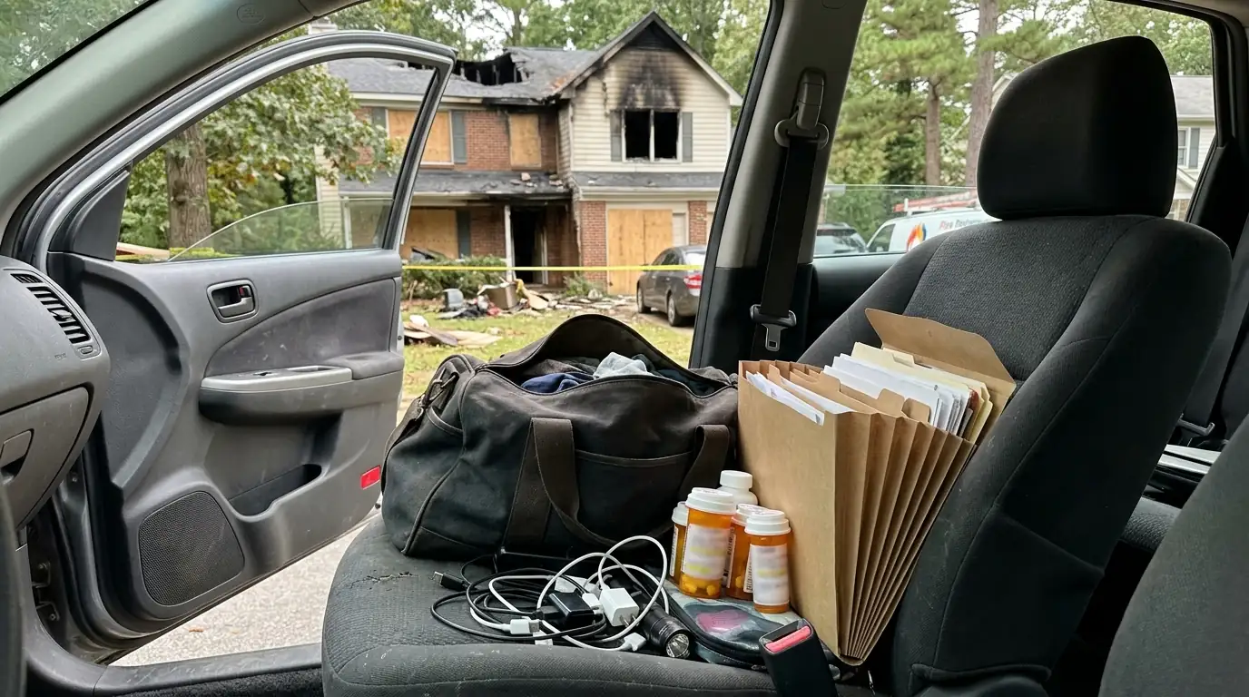 Overnight bag with medications, documents and chargers packed after a Charlotte house fire