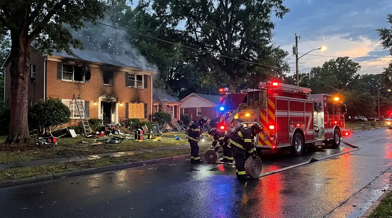 Firefighters coiling hose outside a smoke-damaged Charlotte house at dusk