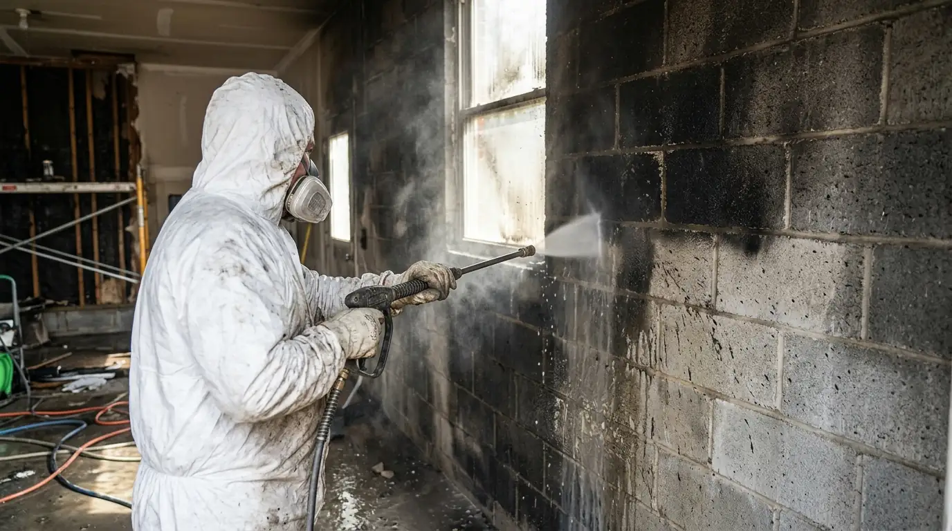 Concrete Slab and Block Wall Cleaning on a Charlotte garage fire restoration job