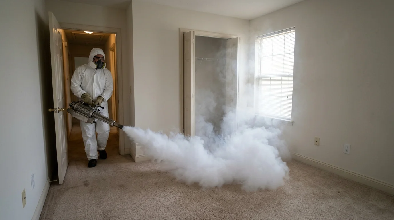 Thermal fogger releasing deodorizing fog in an empty Charlotte bedroom