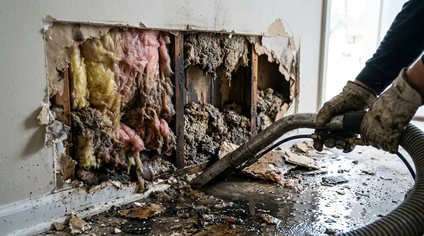 Saturated Drywall and Insulation on a Charlotte water extraction after firefighting job