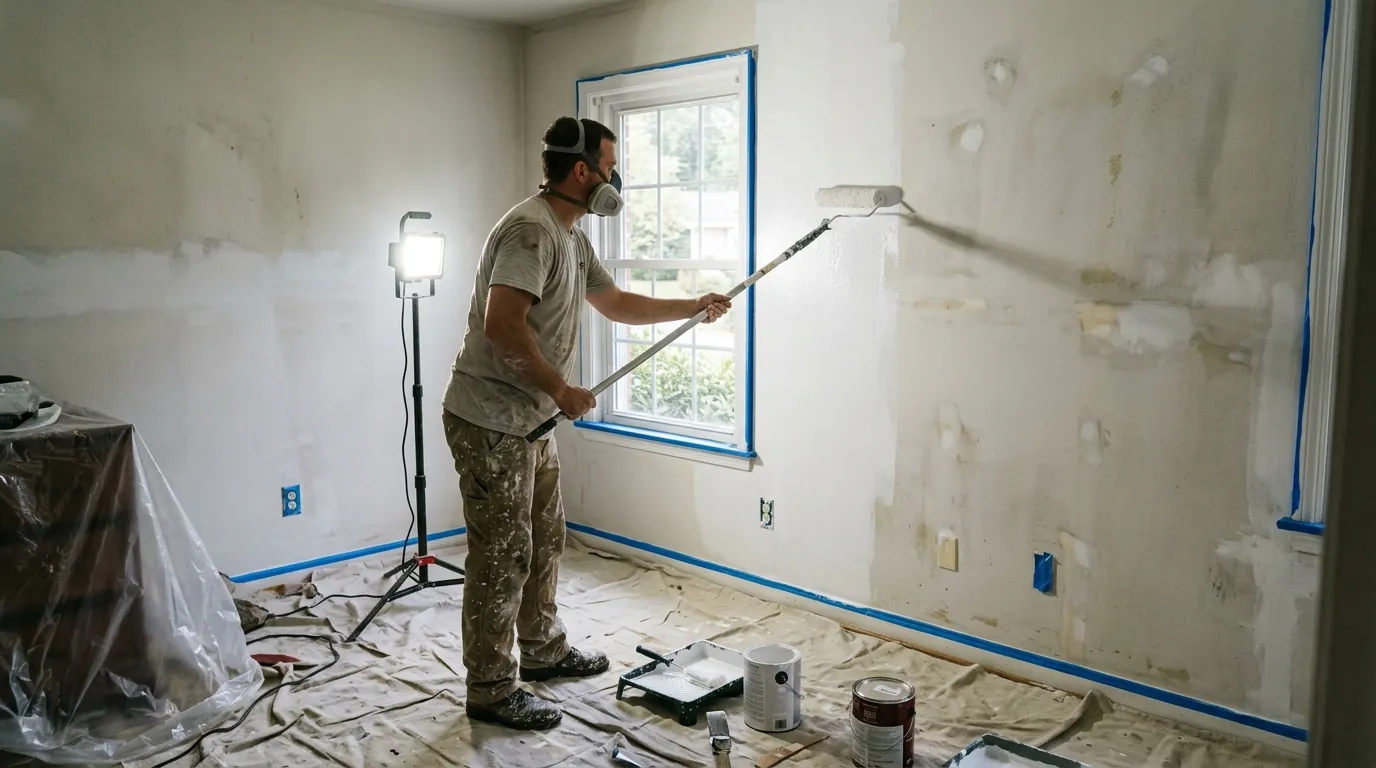 Sealing primer being rolled over cleaned walls in a Charlotte bedroom after smoke damage
