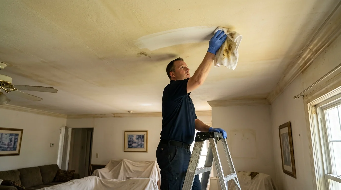 White cloth showing yellow smoke residue wiped from a Charlotte living room ceiling