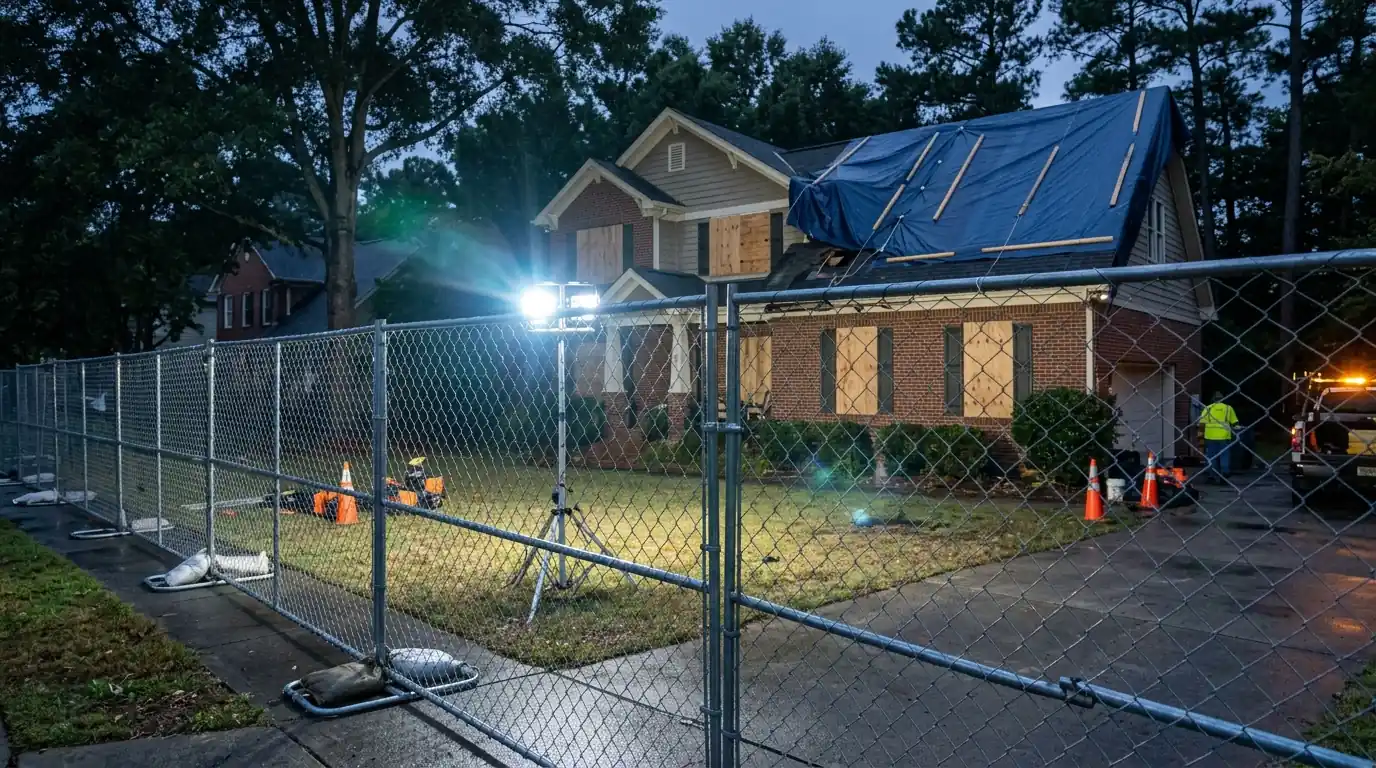 Temporary Fencing and Site Security on a Charlotte emergency board-up & roof tarping job