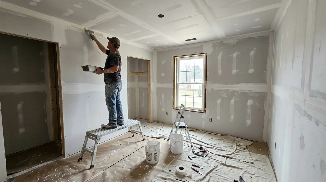 Fresh drywall being taped in a rebuilt Charlotte bedroom