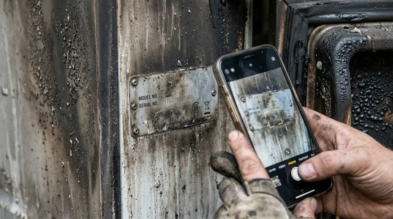 Serial number plate on a sooty refrigerator being photographed for a claim