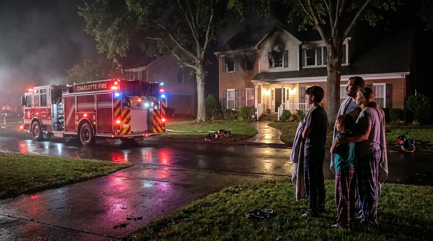 Family on a front lawn at night as a fire engine leaves a smoke-stained Charlotte house