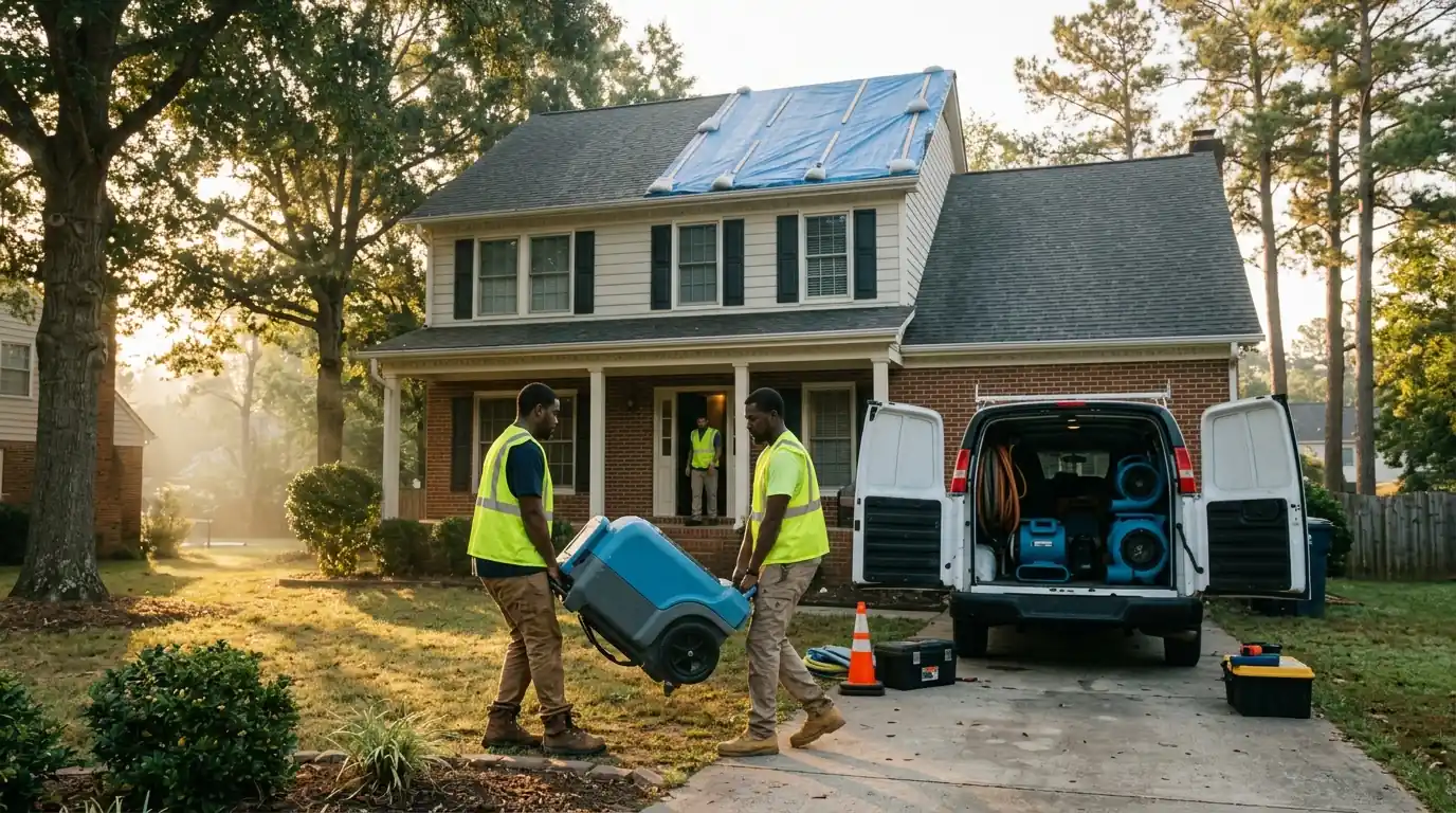 Crew carrying a dehumidifier into a fire-damaged Charlotte home