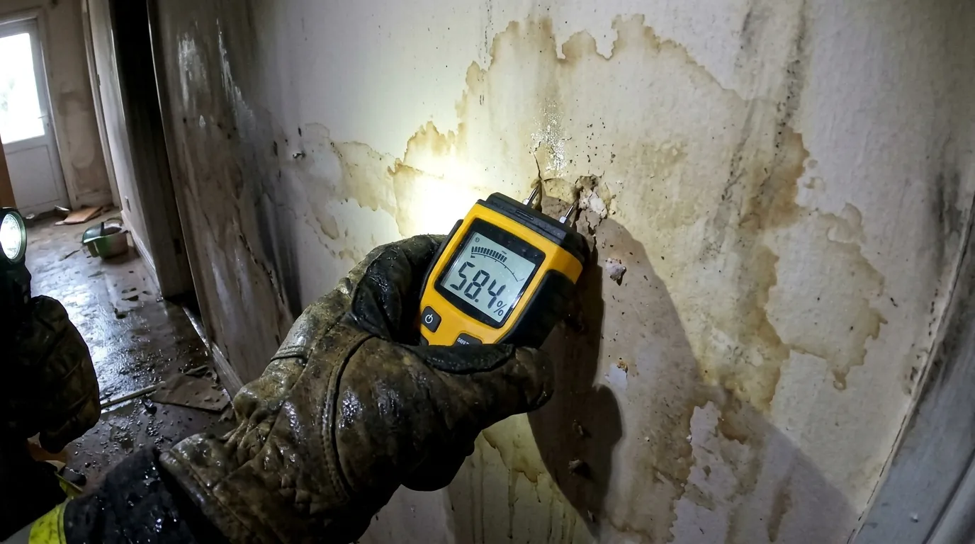 Moisture reading on water-stained drywall in a Charlotte hallway after a fire