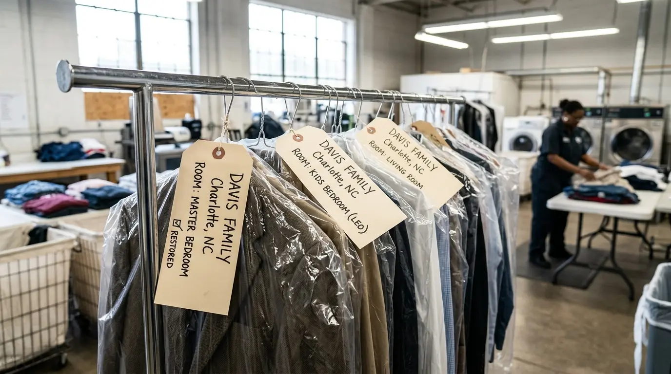 Cleaned clothing in garment bags labeled by room after smoke damage in Charlotte