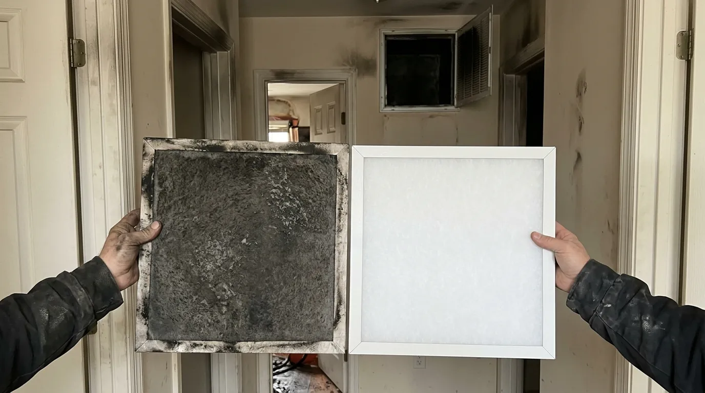 Soot-blackened HVAC filter next to a new filter in a Charlotte hallway after a fire