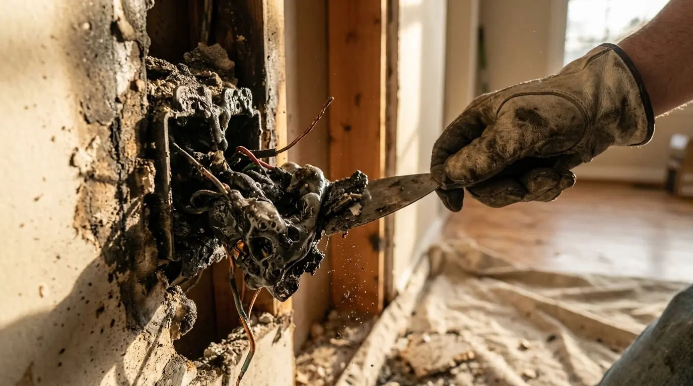 Melted Plastic and Synthetic Residue on a Charlotte electrical fire cleanup job