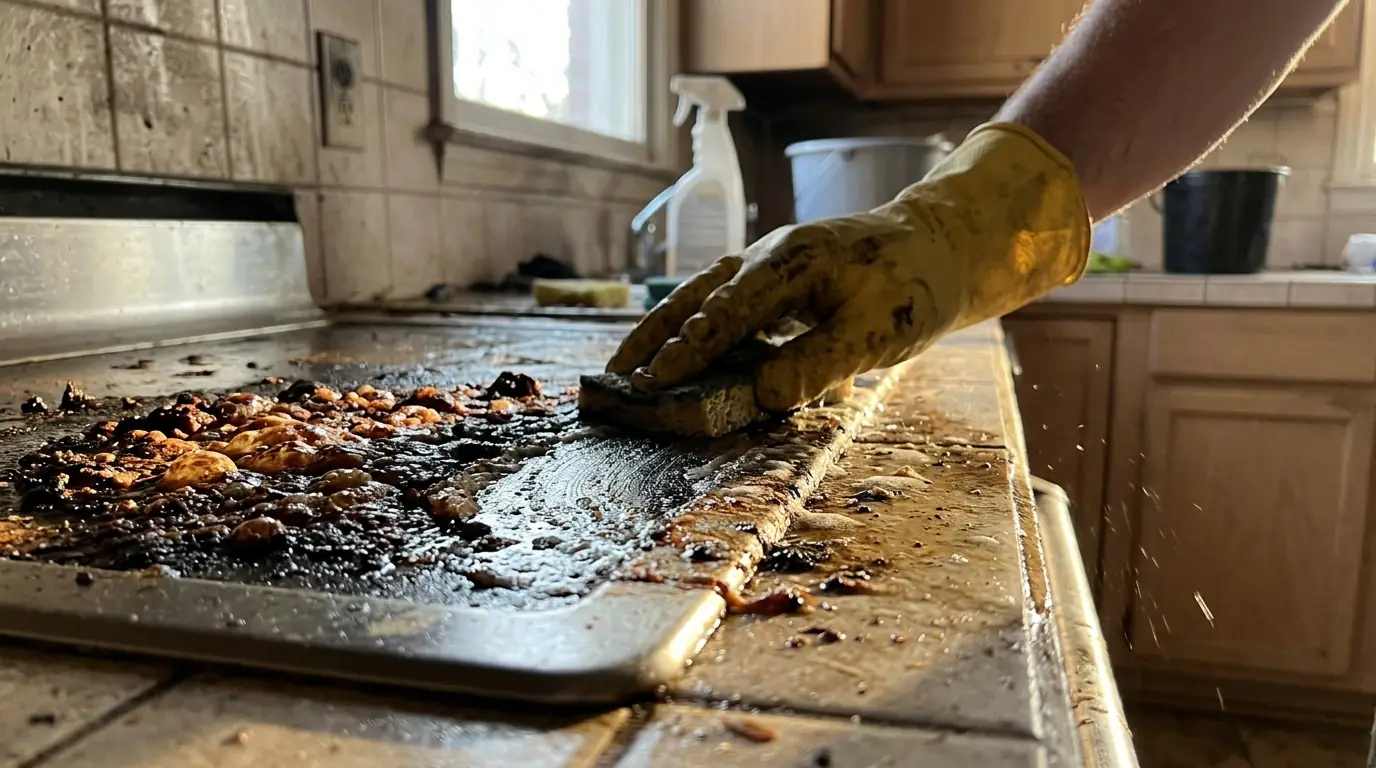 Protein Residue From Burnt Food on a Charlotte kitchen & grease fire cleanup job