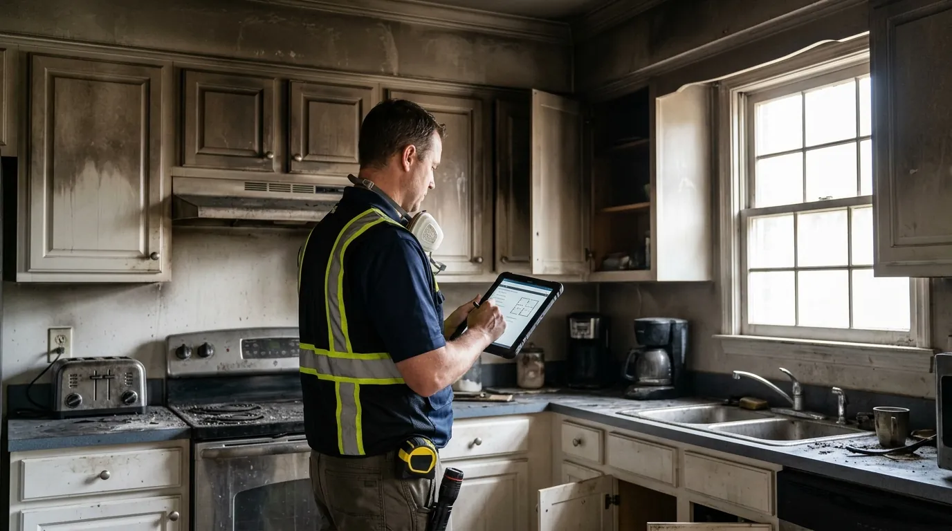 Estimator writing a room-by-room fire restoration scope in a Charlotte kitchen