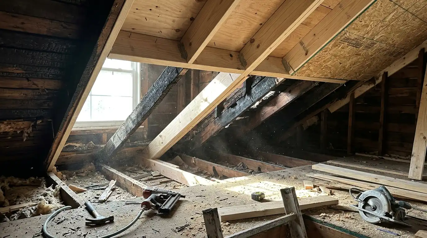 Framing and Roof Deck Repair on a Charlotte fire damage repair & reconstruction job