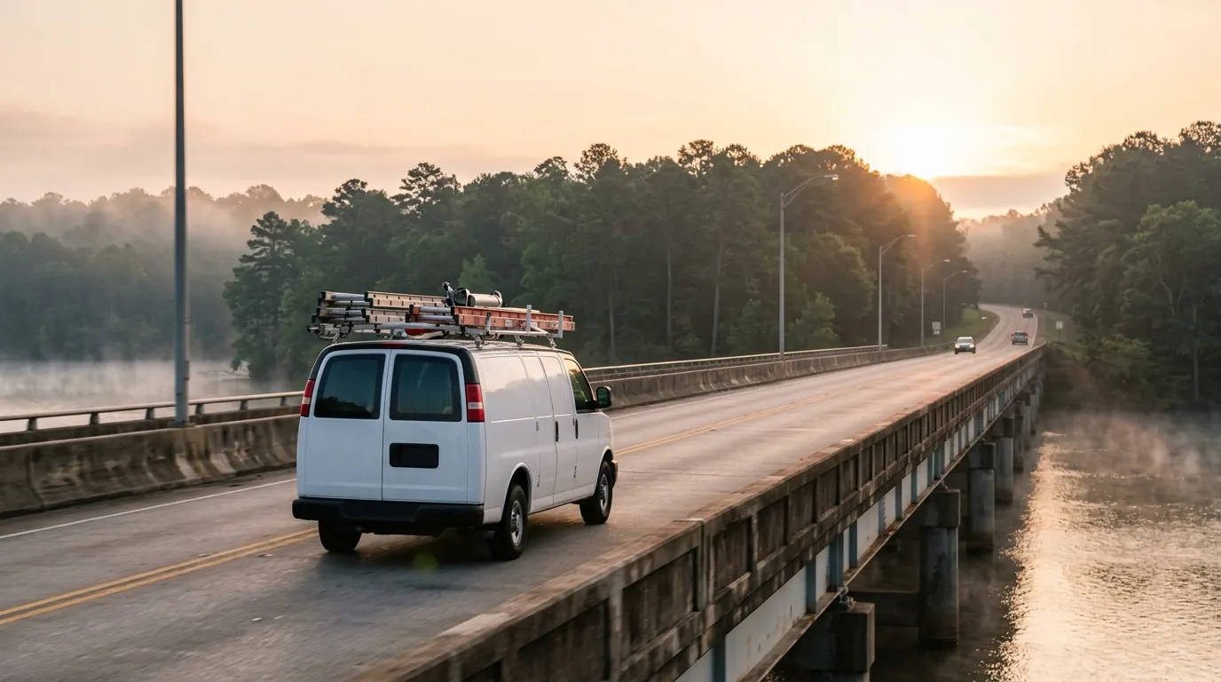 Restoration van crossing a bridge toward Cary North Carolina at dawn