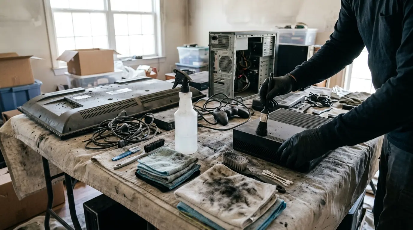 TVs, Computers and Game Consoles on a Charlotte electronics cleaning after a fire job