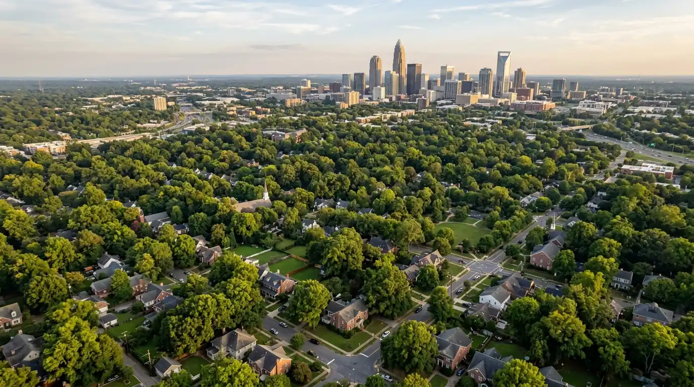 Tree-lined older Charlotte neighborhood with the Uptown skyline beyond