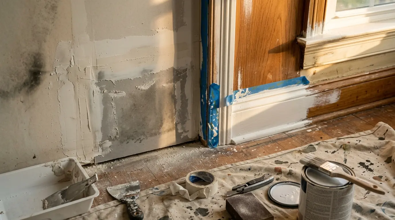 Drywall, Trim and Paint on a Charlotte fire damage repair & reconstruction job