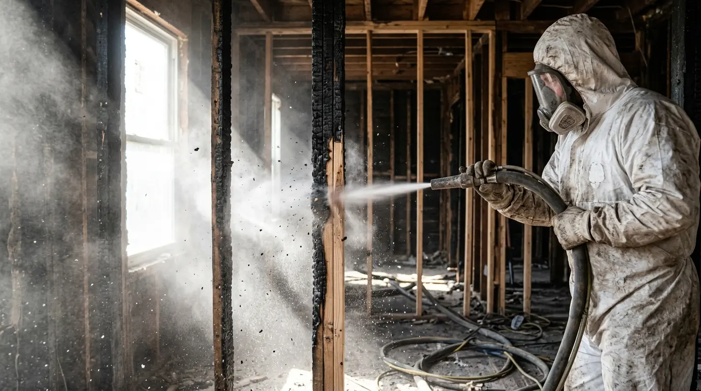 Soda Blasting Charred Studs and Joists on a Charlotte soda blasting & framing cleanup job