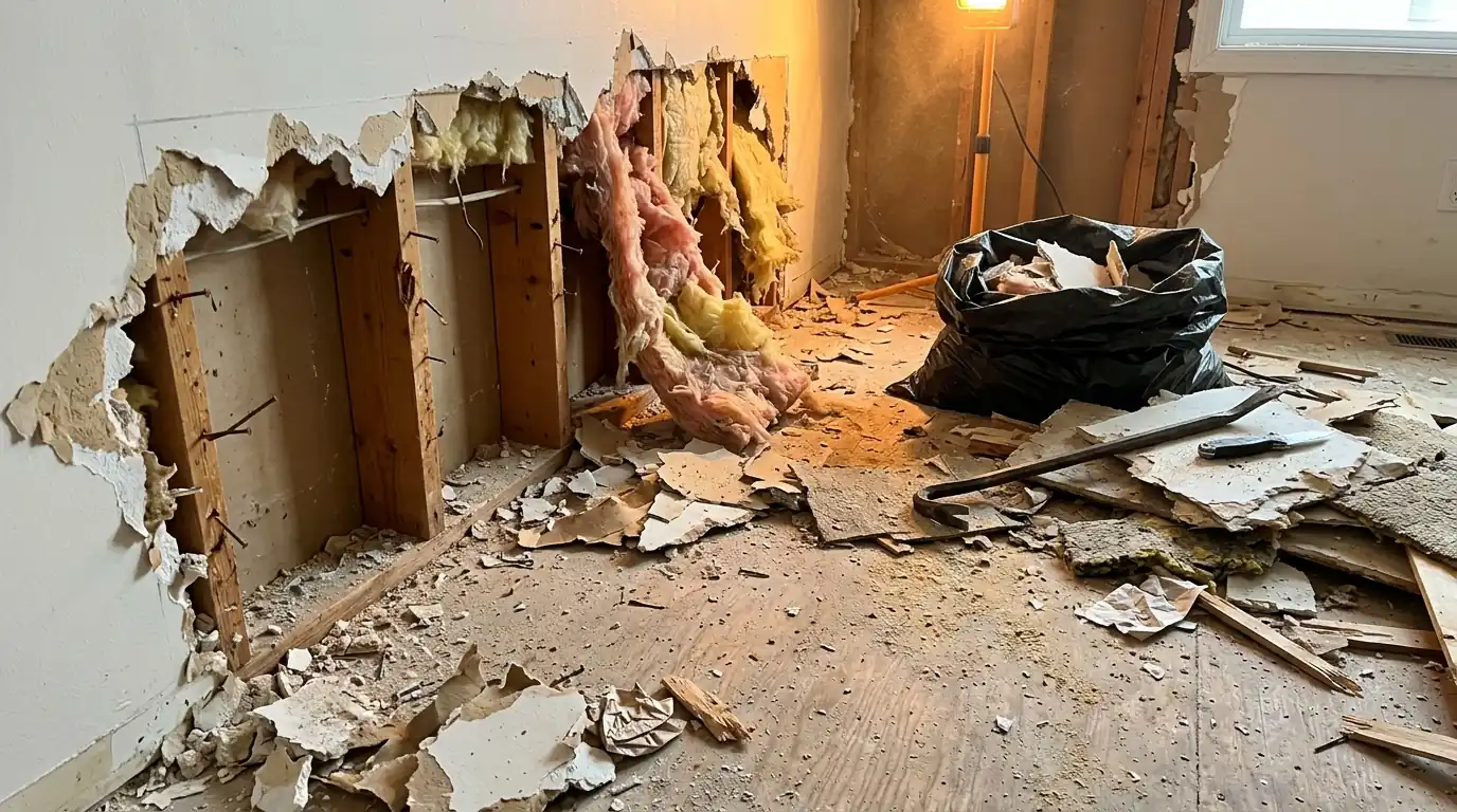 Drywall, Insulation and Flooring Tear-Out on a Charlotte selective demolition & debris removal job