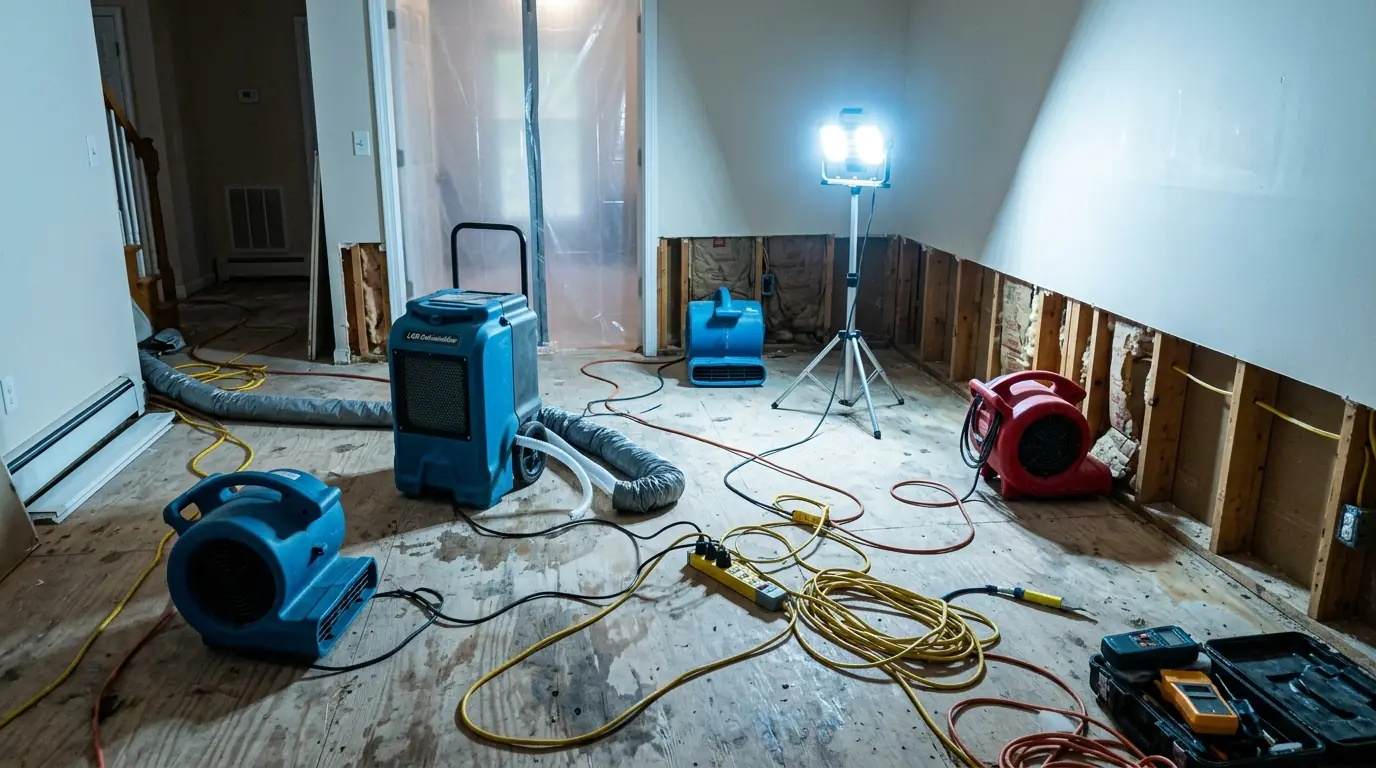 Drying Equipment Placement on a Charlotte structural drying & dehumidification job