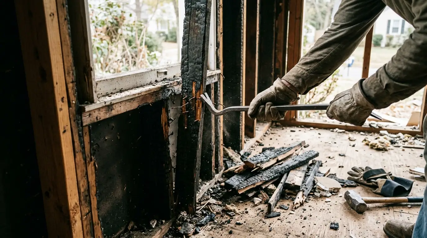 Charred Framing Removal on a Charlotte selective demolition & debris removal job