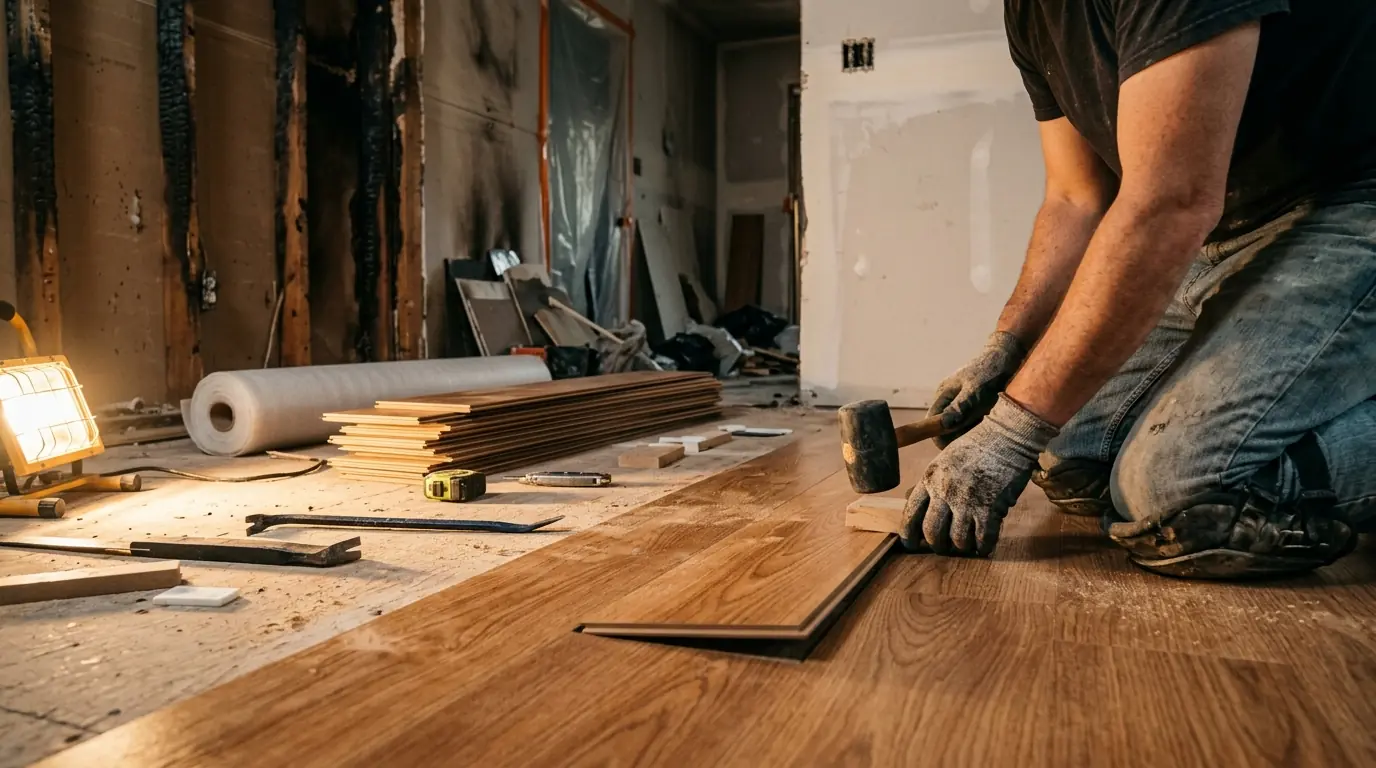 Flooring Replacement on a Charlotte fire damage repair & reconstruction job