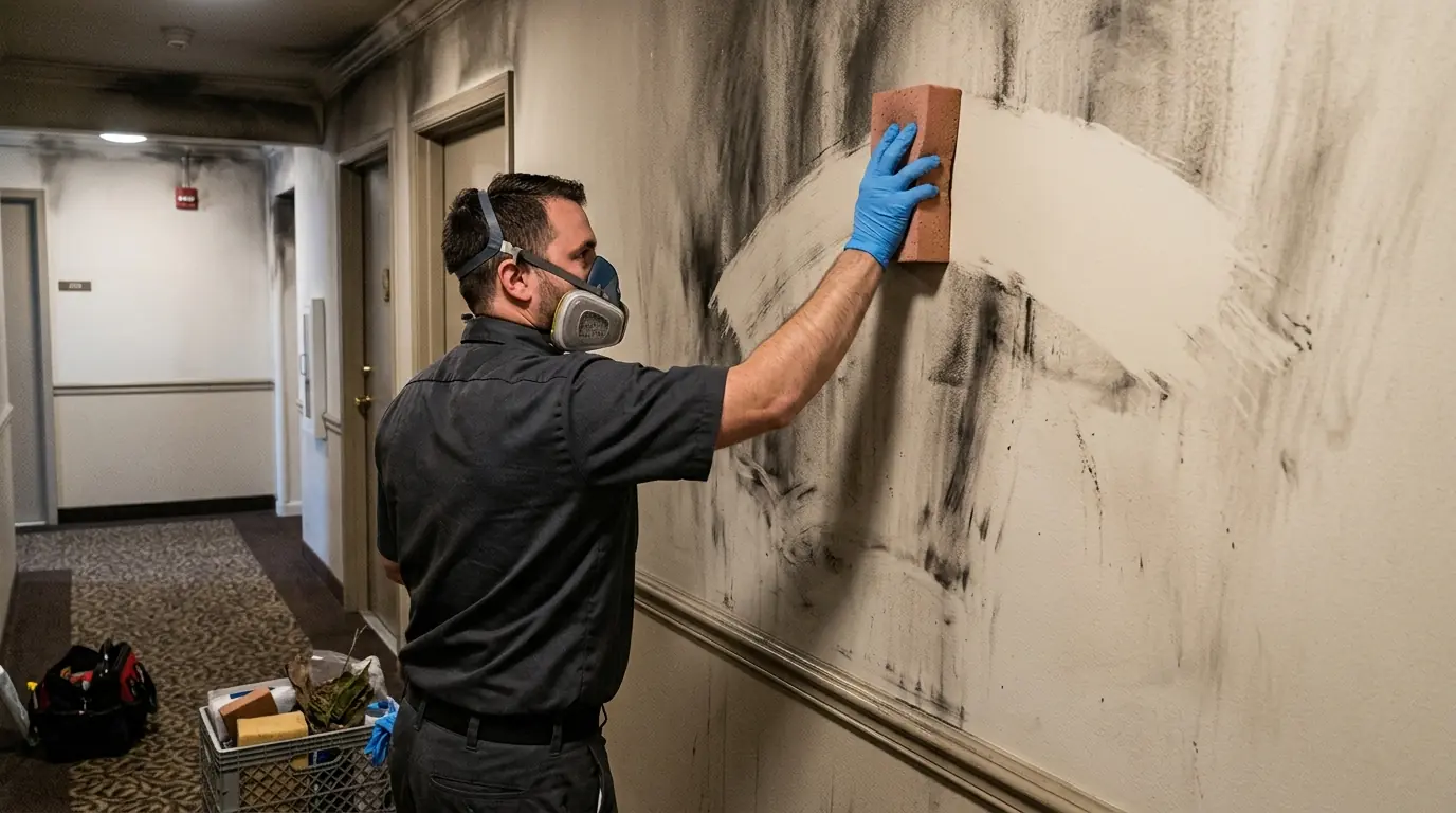 Technician testing smoke residue with a dry sponge in a Charlotte hallway