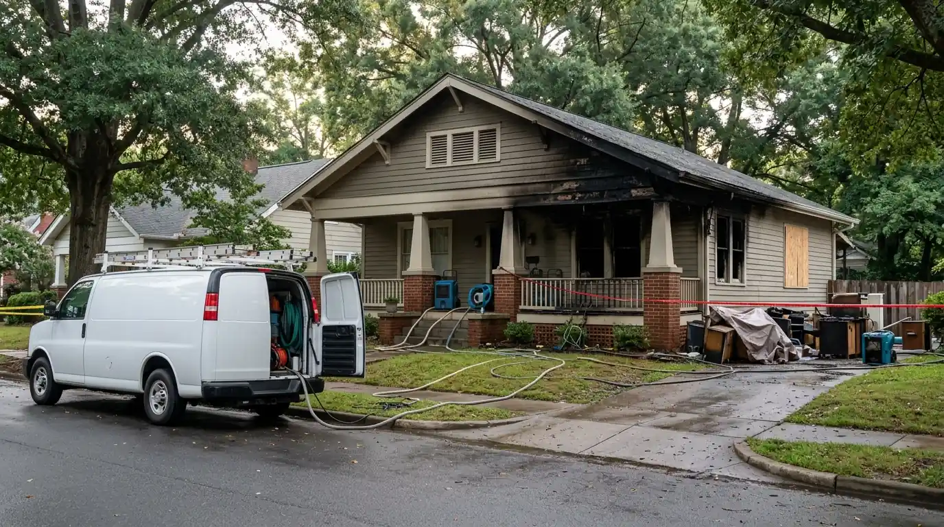 Restoration van outside a Charlotte bungalow after a house fire