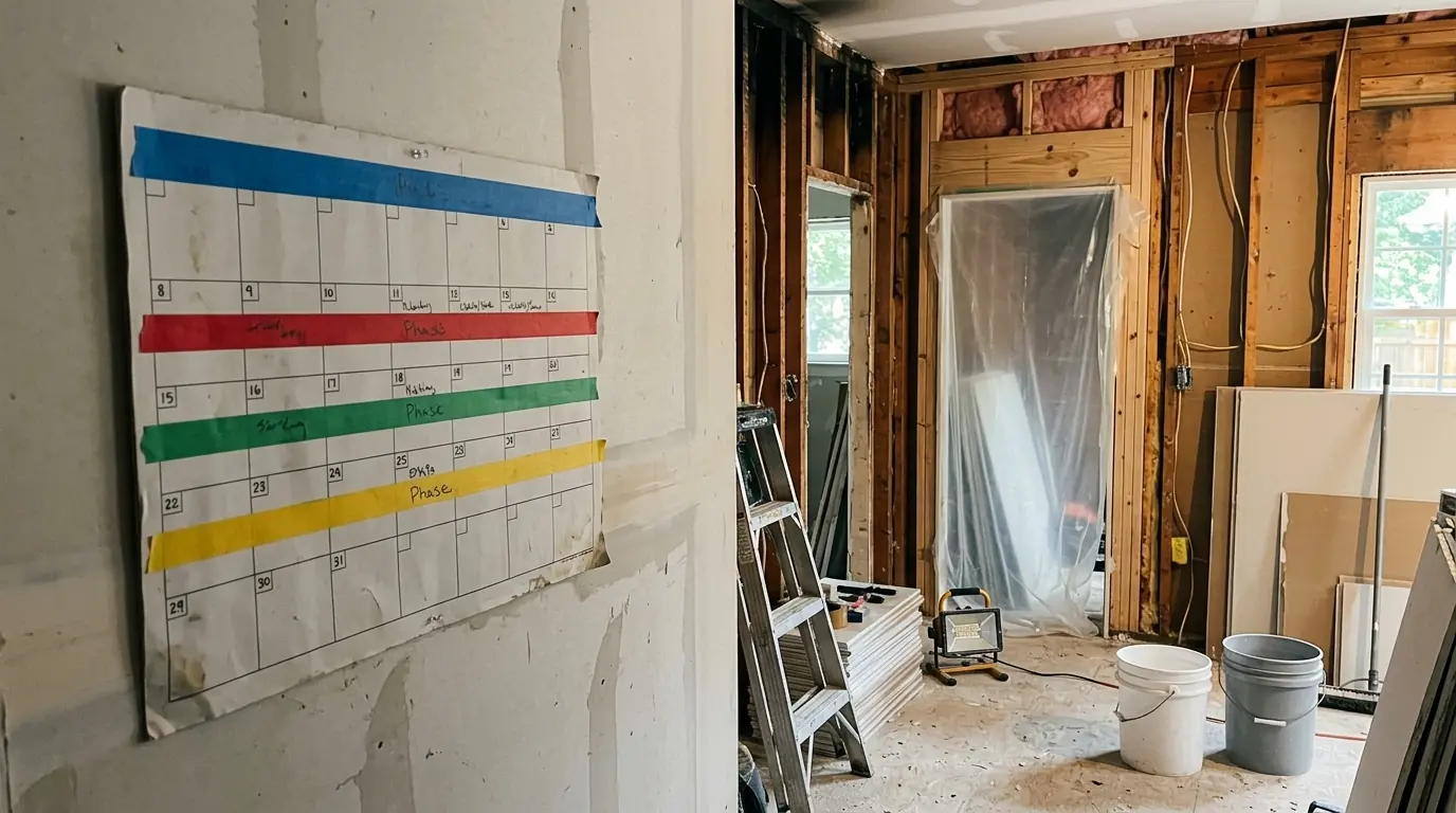Calendar with restoration phases marked in a Charlotte kitchen being rebuilt
