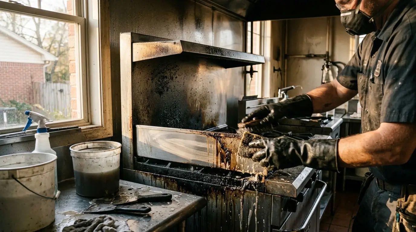 Grease Fire Cleanup in a Commercial Kitchen on a Charlotte restaurant & commercial kitchen fire cleanup job