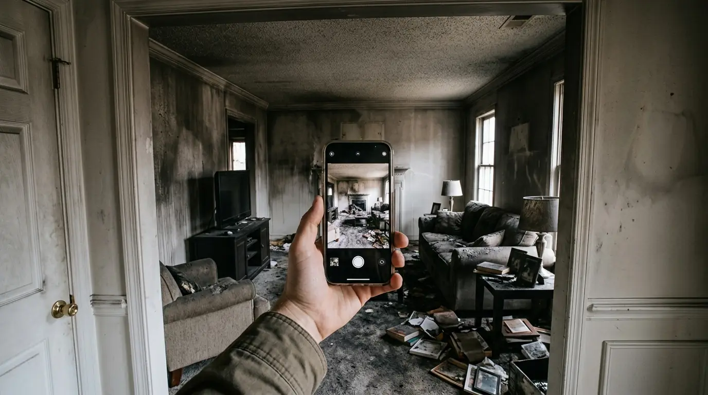 Phone photographing a soot-covered living room from the doorway of a Charlotte home