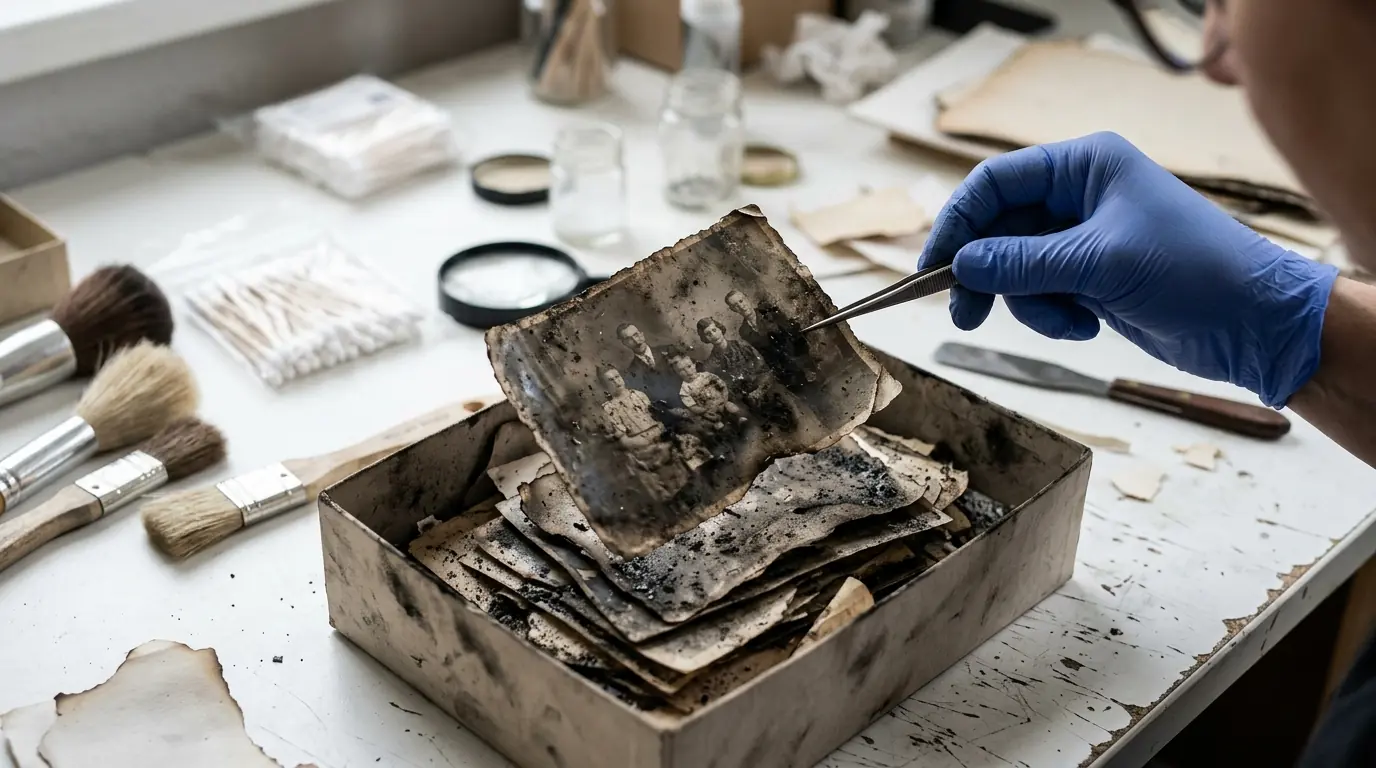 Soot-covered family photographs lifted from a box during Charlotte contents restoration