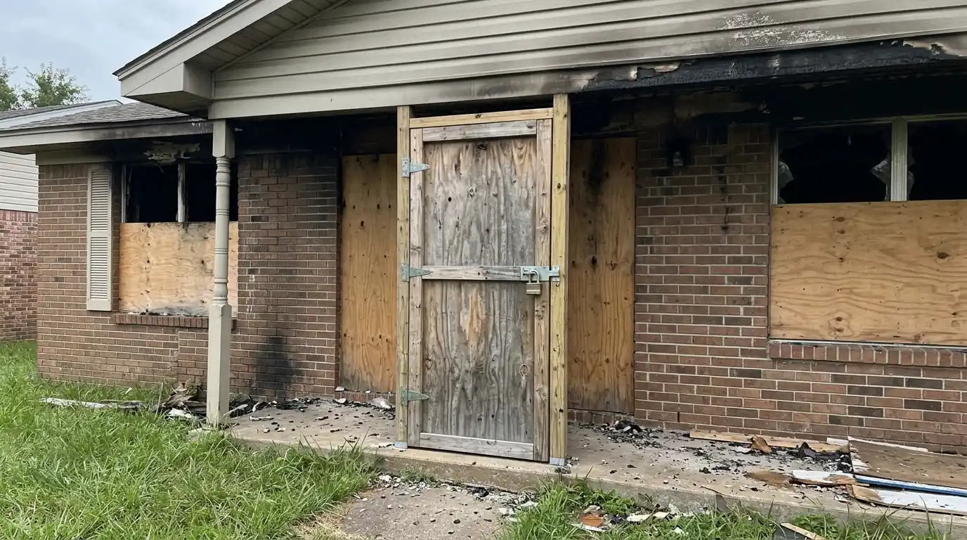 Lockable plywood access door on a fire-damaged Charlotte home